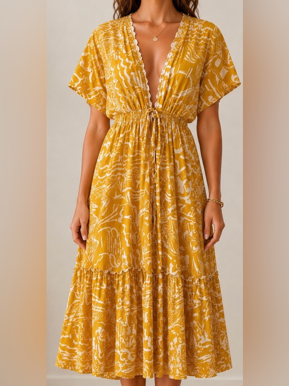Blue Island Mustard Midi Dress Size S Boho Tie Front Flowy Summer